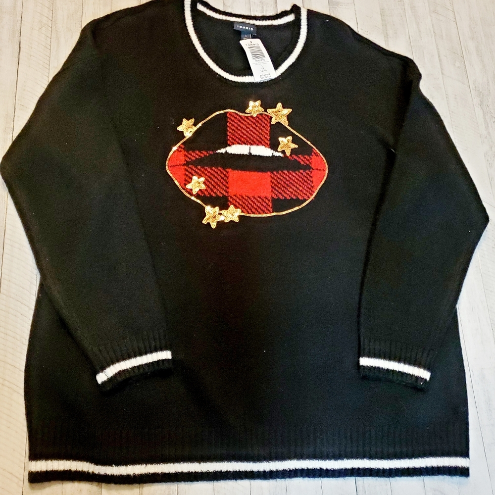 Torrid Crew Neck Long Sleeve Pullover Sweater Star Lips Black